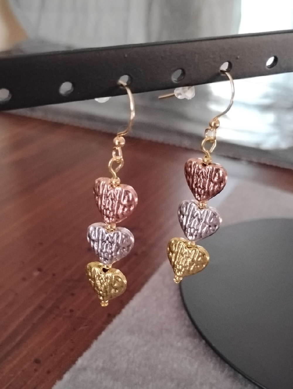 Hand Crafted Tri-Tone Heart Drop Earrings - Picture 4 of 5